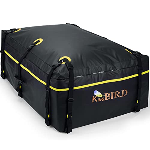 KING BIRD 15 Cubic Feet Car Roof Bag,700D PVC Waterproof Rooftop Cargo Carrier Bag for All Vehicle with/Without Rack,Includes Built-in Non-Slip Bottom, 10 Reinforced Straps, 6 Door Hooks, Luggage Lock