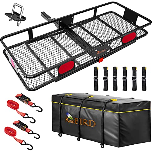 KING BIRD Folding Hitch Mount Cargo Carrier 60x24x6 with 18 Cuft Waterproof Bag & Hitch Stabilizer& Ratchet Straps Fits to 2'' Receiver,550LBS Capacity Cargo Basket | Trailer Tow Hitch Cargo Carrier