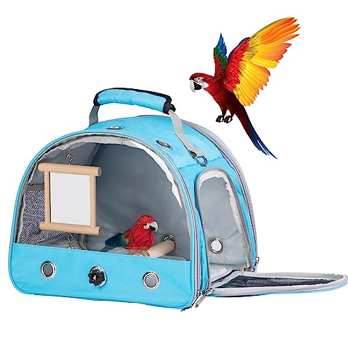Kuzino Bird Carrier Travel Cage-Breathable Birds Bag Pet Backpack Carriers for Parrot Parakeet Lovebird with Wood Perch Washable Upholstered Tray Adjustable Shoulder Strap(Blue)