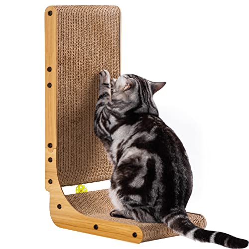 L Shape Cat Scratcher, Poils bebe Cat Scratchers for Indoor Cats, Protecting Furniture Cat Scratch Pad, Cardboard Cat Scratching with Ball Toy, Catnip, 26.8 inches, Large