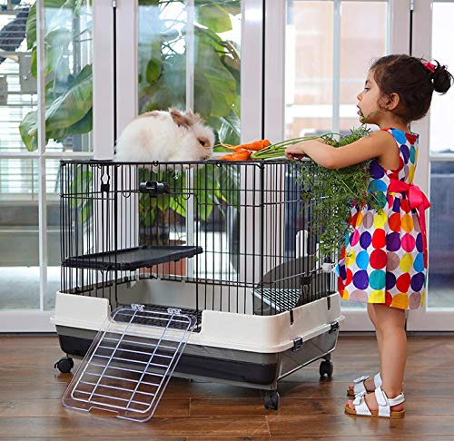 Large 2-Level Indoor Small Animal Pet Cage for Guinea Pig Ferret Chinchilla Cat Playpen Rabbit Hutch with Solid Platform & Ramp, Leakproof Litter Tray, 2 Large Access Doors Lockable Casters