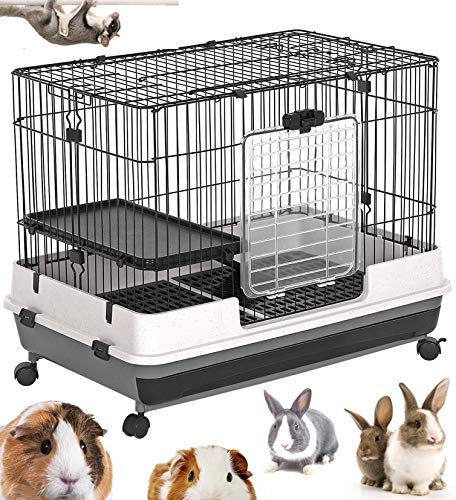Large 32”L Indoor Small Animal Rabbit Cage Small Animal Hutch with Lockable Wheels (2-Levels, Black)