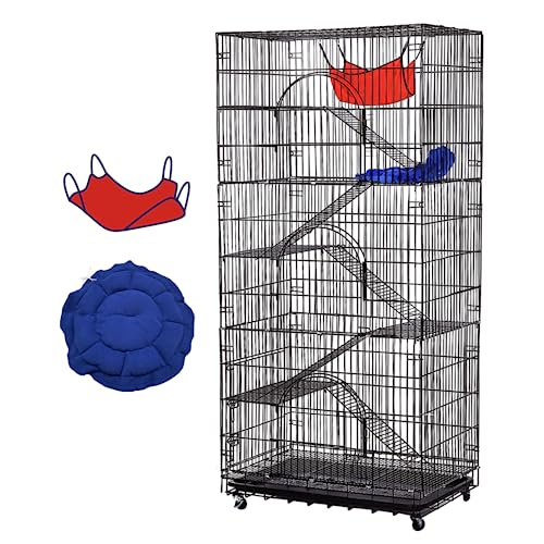 Large Cat Enclosure Outdoor, 6 Tier Metal Wire Cat Cage with Caster, Tray & Hammock for 1-3 Cats, Ferret Habitat Crate Kennels