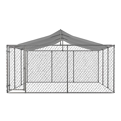 Large Dog Kennel Outdoor Chain Link Dog Run Playpen Galvanized Heavy Duty Outdoor Dog Kennel Fence Puppy Exercise Pen Dog Run Cage with UV & Waterproof Cover Secure Lock 178" L x 178" W x 91.2" H