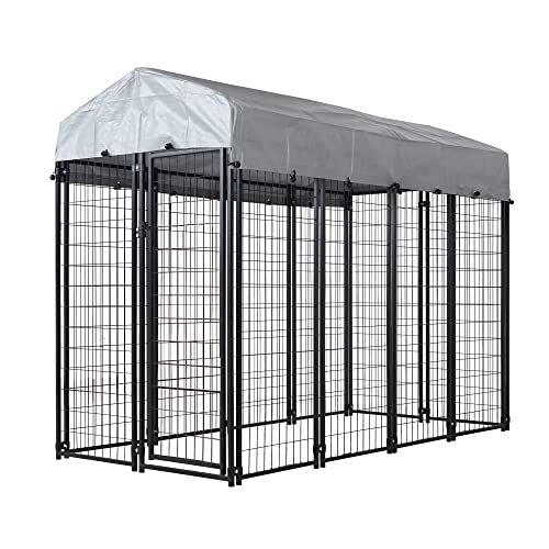 Large Dog Kennel Outdoor Pet Pens Dogs Run Enclosure Animal Hutch Metal Coop Fence with Roof Cover Gray (8'L x 4'W x 6'H)