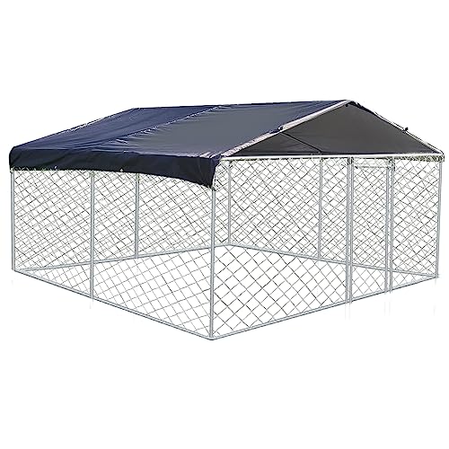 Large Outdoor Dog Kennel with Roof Outdoor Heavy Duty Dog Cage Run House Galvanized Steel with Water-Resistant Cover,Outdoor Dog Pens Outside Dog Fence for Backyard Garden (10' x 10' x 5.5')