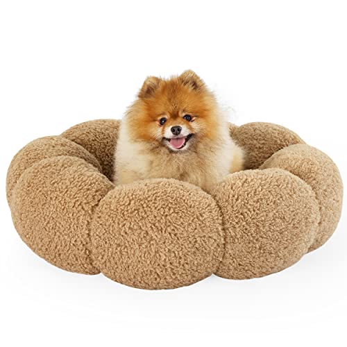 Lesure Calming Small Dog Bed - Donut Round Fluffy Puppy Bed in Teddy Sherpa Plush, Anti-Slip Cute Flower Cat Beds for Indoor Cats, Anti-Anxiety Pet Bed Fits up to 25 lbs, Machine Washable, Camel 23"