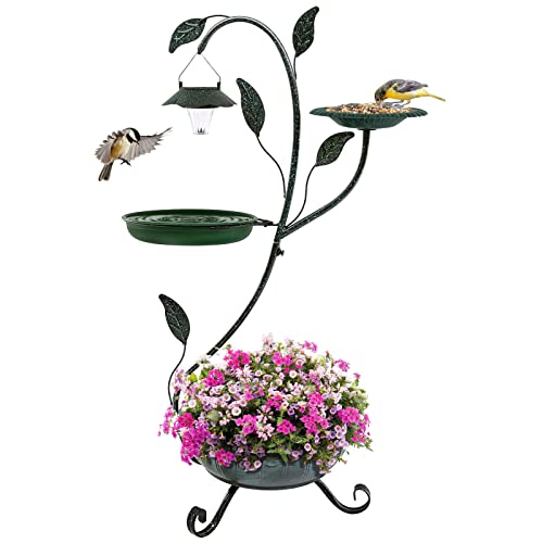 LEWIS&WAYNE Bird Baths for Outdoors with Planter Solar Lit Bird Feeding Station for Garden Yard Lawn