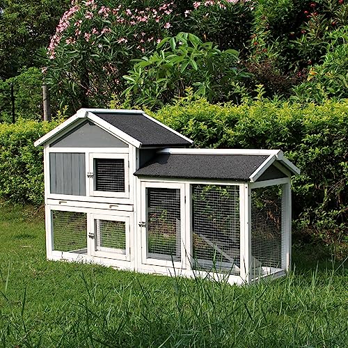 Lifeand 56.7''L Deluxe Multi-Level Rabbit Hutch with Weatherproof Design and Easy Cleaning, Ideal for Rabbits, Chicks, Guinea Pigs, and Hedgehogs, Gray+White…