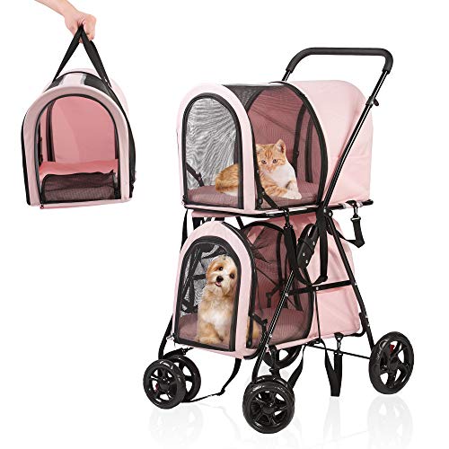 LONABR Folding Dog Stroller 3-in-1 Double Pet Stroller Detachable Carrier Bags - Large 4 Wheels Jogger - for Pet Cat Kitten Puppy Carriages(Pink - 2 cage)