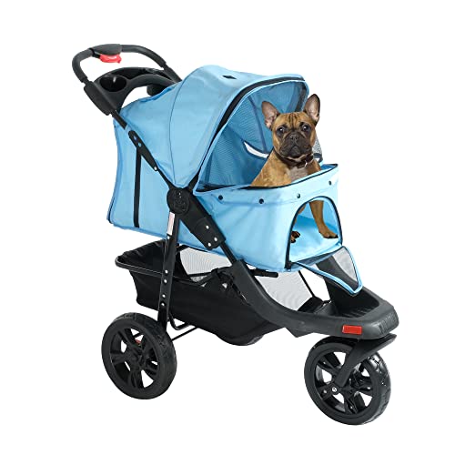 LONABR Folding Dog Stroller Travel Cage Stroller for Pet Cat Kitten Puppy Carriages - Large 3 Wheels Elite Jogger - Single or Multiple Pets (Blue - 1 cage)