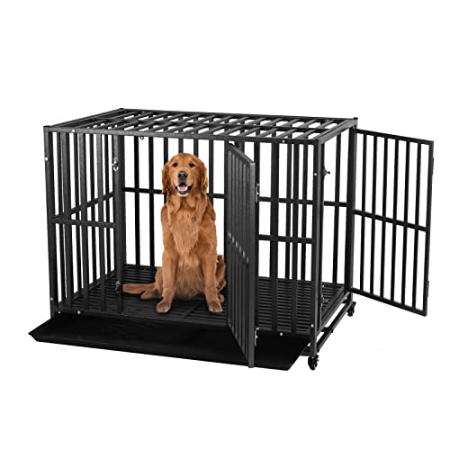 LUCKUP Heavy Duty Dog Crate-38 inch Large Metal Dog Cage with 2 Doors and 4 Wheels, Stackable Dog Kennel for Large & Medium Dogs, Removable Tray