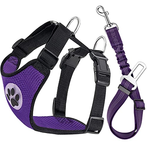 Lukovee Dog Safety Vest Harness with Seatbelt, Dog Car Harness Seat Belt Adjustable Pet Harnesses Double Breathable Mesh Fabric with Car Vehicle Connector Strap for Dog (Medium, Purple)