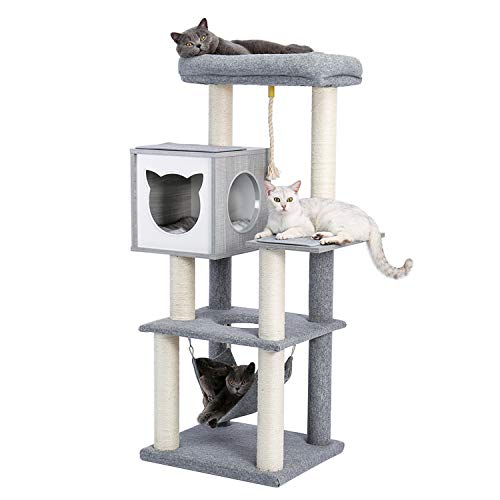 Made4Pets Modern Cat Tree for Indoor Adult Cats, Wood Cat Tower Sturdy with Hammock for Large Cat, 52" Tall Level Kitty Condo Heavy Duty Carpet Frisco Cute Scratching Tower for Big Cats 20Lbs