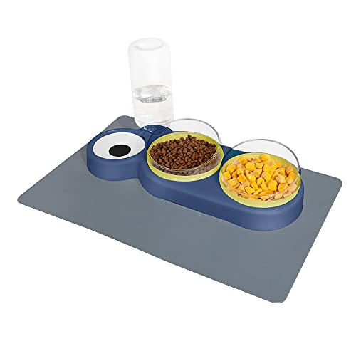 Marchul Tilted Cat Bowls with Feeding Mat, Raised Three Cat Dishes for Food and Water, Pet Feeding Bowls with Automatic Water Bottle