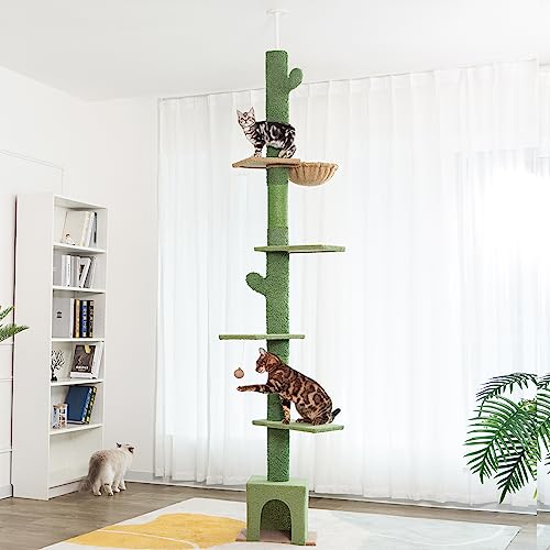 Meow Sir Floor to Ceiling Cat Tree Ajustable Height [82-108 Inches=208-275cm] 6 Tiers Cat Tower Fit for 7-9 Feet Ceiling with Cat Condo Hammock and Sisal Covered Post for Indoor Cats-Green Cactus