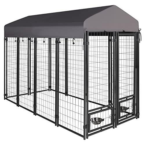 MUPATER 8x4 FT Dog Kennel Outdoor with Roof and Rotating Feeding Doors, Large Dog Enclosure Dog Playpen House Heavy Duty with Canopy, 2 Bowl Holders and Bowls