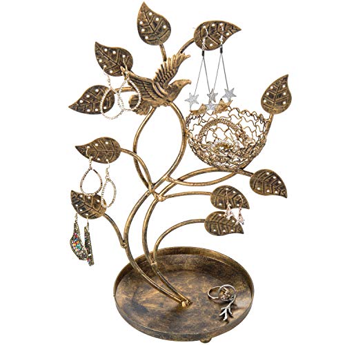 MyGift 14-Inch Bronze-Tone Tree & Bird Nest Earring Stand Jewelry Tower with Ring Trinket Organizing Tray