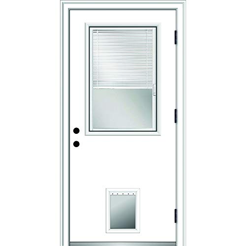 National Door Company, Steel, Primed, Left-Hand Outswing, Raise/Lower Blinds, 1/2 Lite with Pet Door, Single Prehung Front Door, 32" x 80"