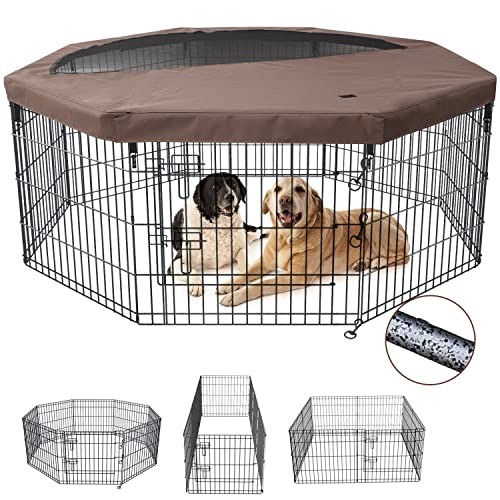 NEZUC Foldable Metal Dog Exercise Playpen Gate Fence Dog Crate 8 Panels 24 Inch Height Puppy Kennels with Top Cover/Bottom Pad for Animals Outdoor Indoor (with top Cover, 8 Panels 24" H)