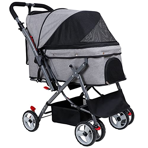 Noodoky Pet Stroller for Cats Dogs Rabbit with Reversible Handle, Dog Stroller for Small or Medium Animal up to 40 Pounds, Doggie Bunny Stroller Carriage (Gray)