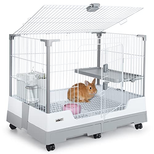 OIIBO Small Animal Cage for Rabbit,32" × 21" × 26" inch Foldable Rabbit Cage Hutch with Pull Out Tray and Caster Platform for Ferret Chinchilla