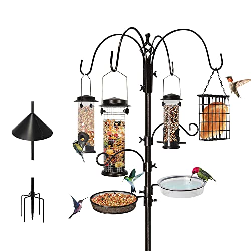 Ointo Garden 6-Hook Bird Feeding Station,Steel Multi-Feeder Kit Stand for Attracting Wild Birds w/ 4 Bird Feeders,Bird Bath,Mesh Tray and Squirrel Guard Baffle