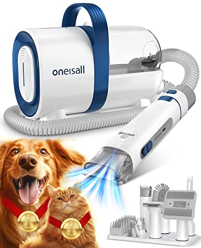 oneisall Dog Hair Vacuum & Dog Grooming Kit, Pet Grooming Vacuum with Pet Clipper Nail Grinder, 1.5L Dust Cup Dog Brush Vacuum with 7 Pet Grooming Tools for Shedding Pet Hair, Home Cleaning (Blue)