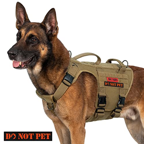 OneTigris Tactical Dog Harness for Large Dog Full Metal Buckled No Pull Dog Harness Vest with Hook & Loop Panels, Military Adjustable Easy to Put On Dog Vest Dog for Walking Hiking Training Brown