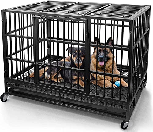 Otaid 48 Inch Heavy Duty Dog Crate Cage Kennel with Wheels, High Anxiety Indestructible Dog Crate, Sturdy Locks Design, Double Door and Removable Tray, Extra Large XL XXL Dog