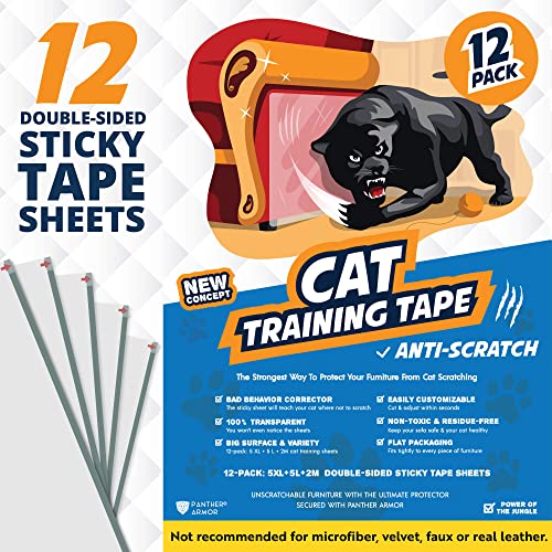 Panther Armor Cat Scratch Deterrent Tape – Double Sided Anti Scratching Sticky Tape Cat Scratch Furniture Protector – Cat Training Tape - Corner Couch Protector for Cats - (12-Pack)