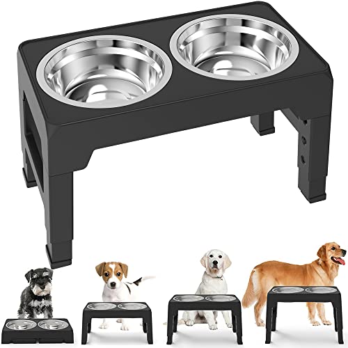 PANZZDA Elevated Dog Bowls Adjustable Raised Dog Bowl Stand with Double Stainless Steel Dog Food Bowls Adjusts to 4 Heights 3.1”, 8.6”, 10.2”, 11.8”, for Small Medium Large Dogs and Pets