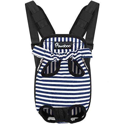 Pawaboo Pet Carrier Backpack, Adjustable Pet Front Cat Dog Carrier Backpack Travel Bag, Legs Out, Easy-Fit for Traveling Hiking Camping for Small Medium Dogs Cats Puppies, Medium, Blue & White Stripes