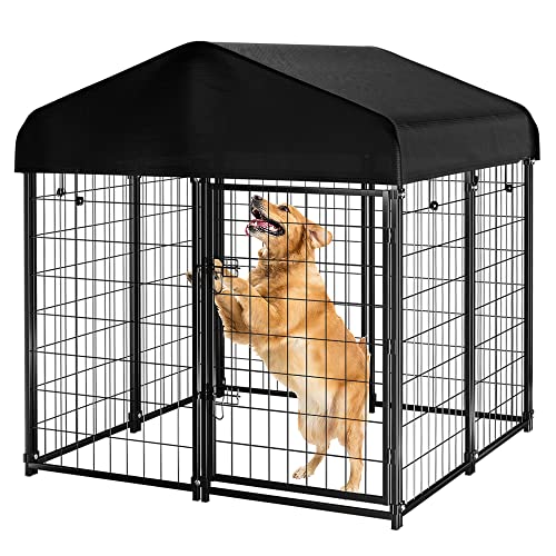 PawGiant Dog Kennel Outdoor Dog House with Roof Outside Dog Kennel for Medium to Small Dog, Metal Pet Crate Cage Playpen with UV-Proof Waterproof Cover (4x4x4.5 ft)