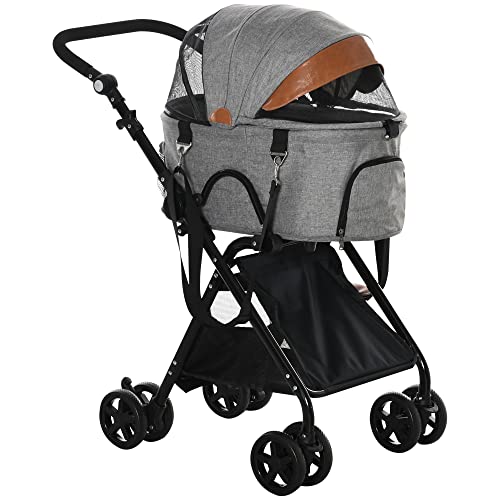 PawHut 2 in1 Foldable Pet Stroller and Detachable Travel Carriage with Lockable Wheels, Adjustable Handlebar Canopy and Zippered Mesh Window Grey