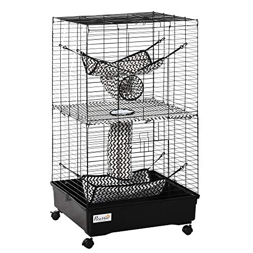 PawHut 42" Ferret Cage, Small Animal Habitat Metal Pet Cage with Wheels Brakes, Hammocks, Hanging Tunnels, and 3 Doors, Black