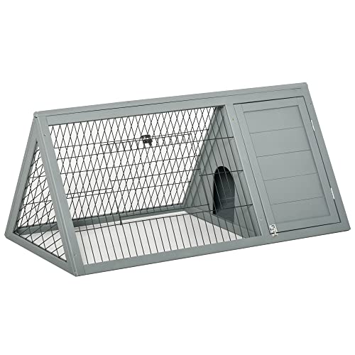 PawHut 46" x 24" Wooden A-Frame Outdoor Rabbit Cage Small Animal Hutch with Outside Run & Ventilating Wire, Grey