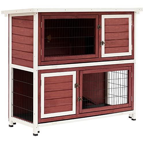 PawHut 48" 2-Story Wooden Rabbit Hutch Elevated Bunny Cage Small Animal Habitat Guinea Pig House with Ramp, No Leak Tray and Weatherproof & Openable Top, Outdoor/Indoor