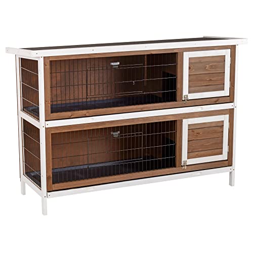 PawHut 54" 2-Story Large Rabbit Hutch Bunny Cage Wooden Pet House Small Animal Habitat with Lockable Doors, No Leak Tray and Waterproof Roof for Outdoor/Indoor Brown