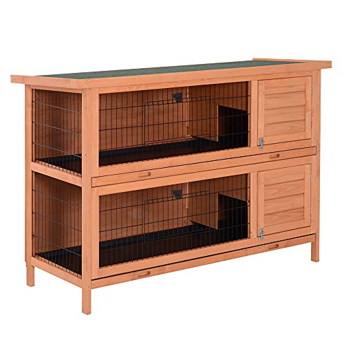 PawHut 54" Raised Compact Dual Outdoor Wooden Rabbit Hutch Small Animal Cage With Trays