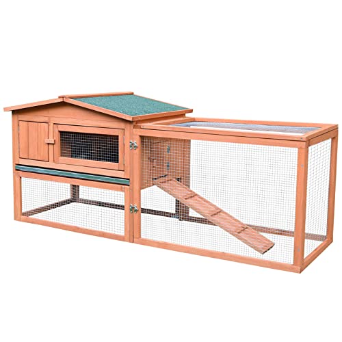 Pawhut 62" Outdoor Rabbit Hutch with Run, Guinea Pig Pet House Bunny Cage with Pull Out Tray, Waterproof Roof