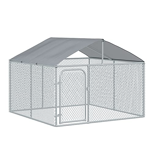 PawHut Dog Kennel Outdoor Heavy Duty Playpen with Galvanized Steel Secure Lock Mesh Sidewalls and Waterproof Cover for Backyard & Patio, 7.5' x 7.5' x 5.6'