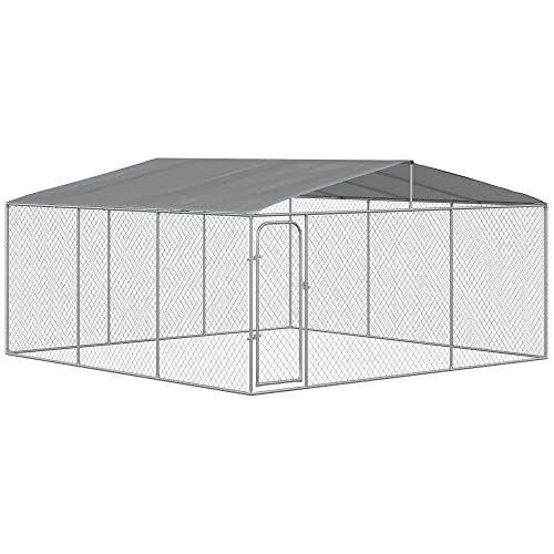 PawHut Dog Kennel Outdoor with Water-Resistant Cover, Steel Exercise Pen with Galvanized Chain Link, Outside Pet Playpen with Secure Lock, 15' x 15' x 7.5'