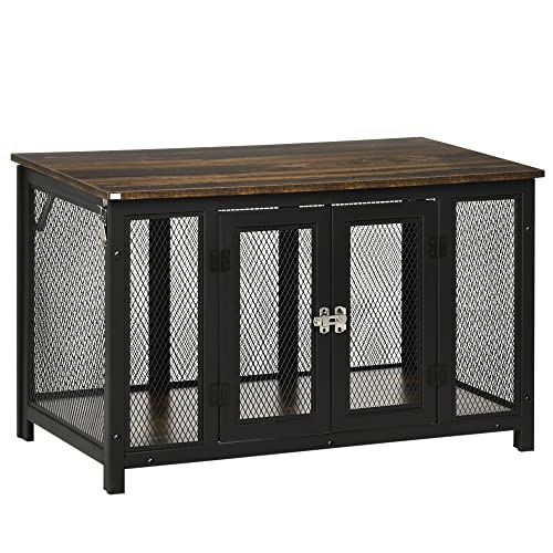 PawHut Furniture Style Dog Crate with Openable Top, Big Dog Crate End Table, Puppy Crate for Medium Dogs Indoor, Spacious Interior, Pet Kennel, Brown, Black