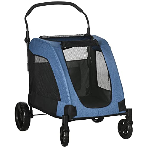 PawHut Pet Stroller Universal Wheel with Storage Basket Ventilated Foldable Oxford Fabric for Medium Size Dogs, Blue