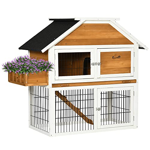 PawHut Rabbit Hutch Outdoor for 2 Rabbits, Wooden Rabbit Cage with Flower Bed, Removable Tray, Ramp