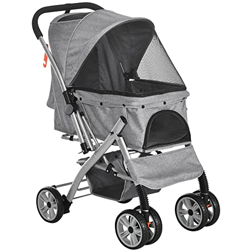 PawHut Travel Pet Stroller for Dogs, Cats, One-Click Fold Jogger with Swivel Wheels, Brakes, Basket Storage, Safety Belts, Adjustable Canopy, Zippered Mesh Window Door, Grey