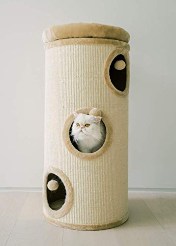 PAWMONA 3 Story Cat Tree Condo Barrel Tower, 38.5", Top High Edge Removable Snuggle Bed with Scratching Post for Cats and Kittens, Natural Sisal-Covered Scratch Indoor Cat Furniture, Beige