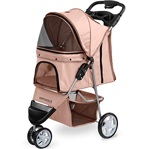 Paws & Pals 3 Wheeler Elite Jogger Pet Stroller Cat/Dog Easy to Walk Folding Travel Carrier, Beige