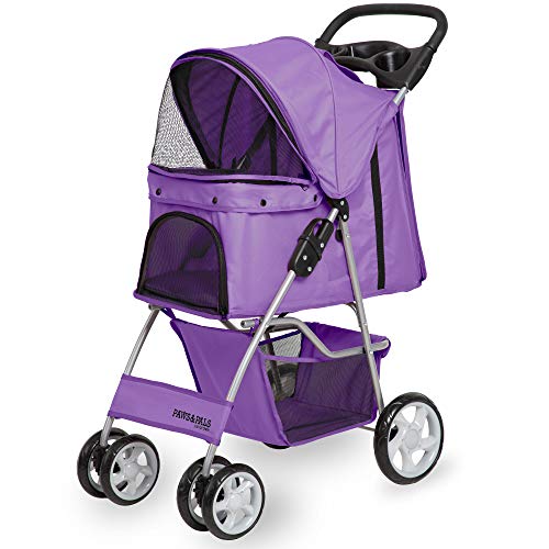 Paws & Pals Pet Stroller Cat/Dog Easy to Walk Folding Travel Carrier Carriage, Lavender Purple